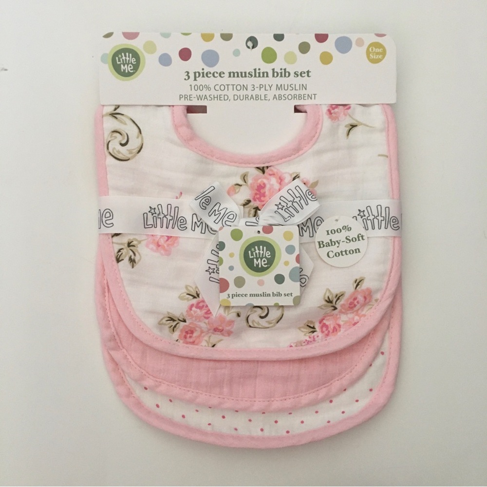 NEW Cotton Muslin Bib Set of 3 Floral Pink Print | Little Me - Picture 8 of 8